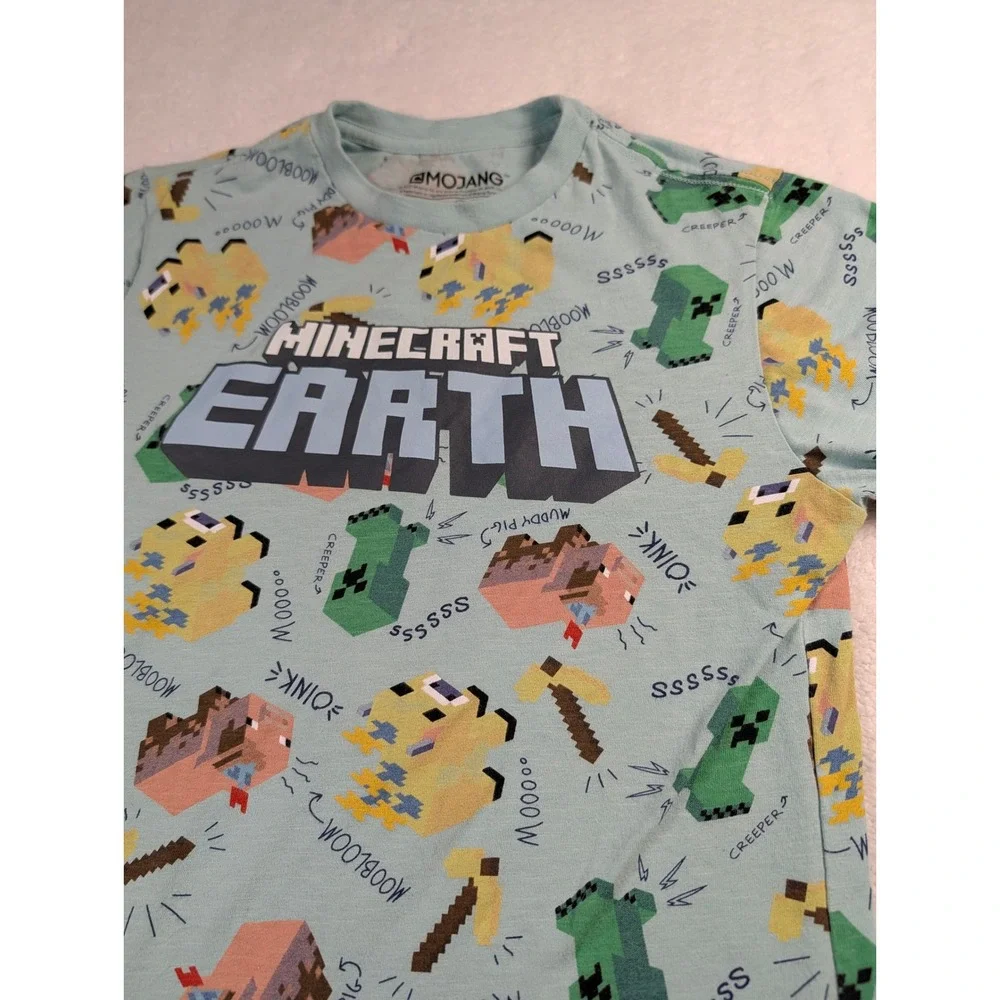 Mojang Minecraft Earth Boys Graphic T-Shirt Creeper Moobloom Muddy Pig L 10/12
